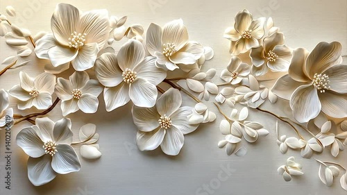 Creamy white floral relief sculpture, delicate blossoms and leaves on a light background