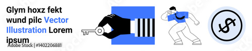 Hand holding key with striped background, man in dynamic pose searching, and dollar coin enclosed in circle. Ideal for security, opportunity, finance, business, investment, decision-making simple