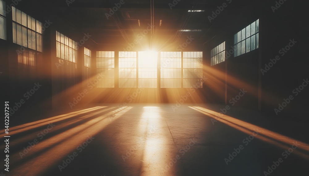 Sun Rays Streaming Through Windows in an Empty Warehouse Interior Sun Rays Streaming Through Windows in an Empty Warehouse Interior