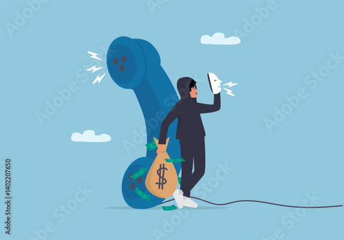 Phone Scam and Fraudulent Call Concept. Hacker Stealing Money Through Fake Identity and Voice Scam.