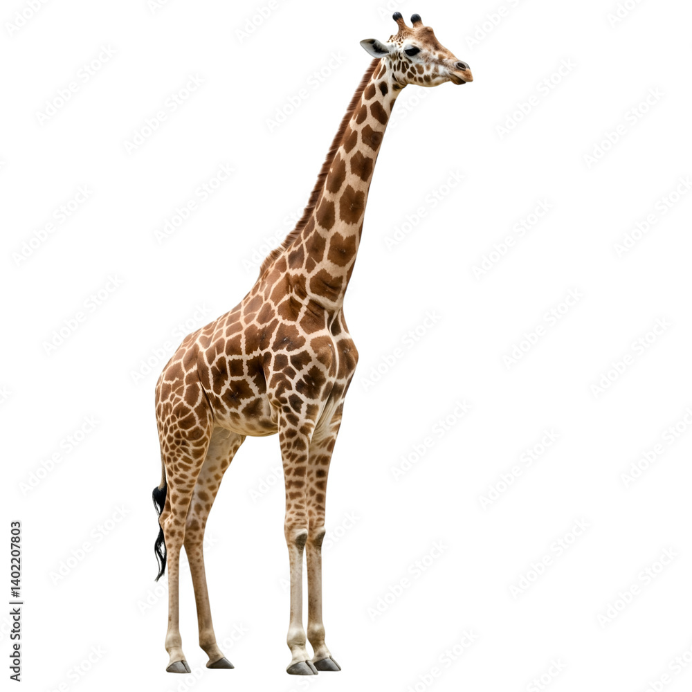 Naklejka premium A tall African giraffe standing upright, full-body visible and centered on a pure white background.