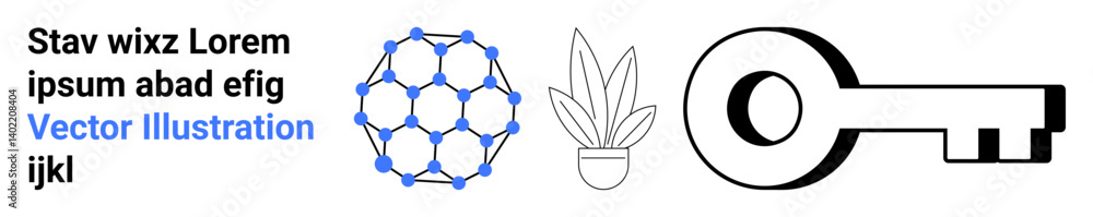 Geometric network structure, potted plant, and large key side by side. Ideal for technology, growth, security, innovation, sustainability creativity strategy. Flat landing page banner Geometric network structure, potted plant, and large key side by side. Ideal for technology, growth, security, innovation, sustainability creativity strategy. Flat landing page banner