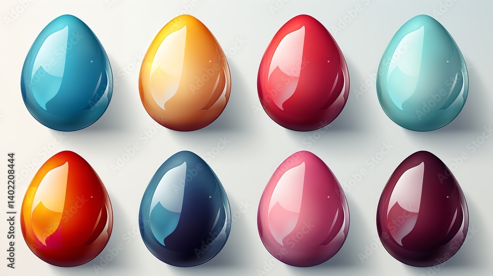 Eight glossy Easter eggs in vibrant colors a festive spring celebration shiny surface soft light bright hues perfect for holiday Eight glossy Easter eggs in vibrant colors a festive spring celebration shiny surface soft light bright hues perfect for holiday