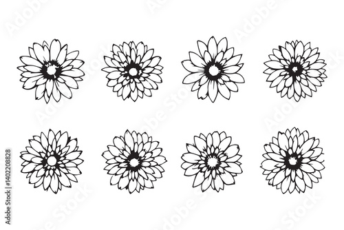 Set of 6 pec in two row Chrysanthemum black line art on white background