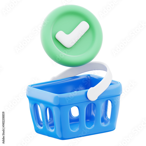 Digital shopping cart displaying checkmark verified badge representing successful payment icon illustration. Concept of online store retail sale confirmation deal 3d render image