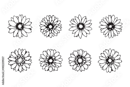 Set of 6 pec in two row Chrysanthemum black line art on white background