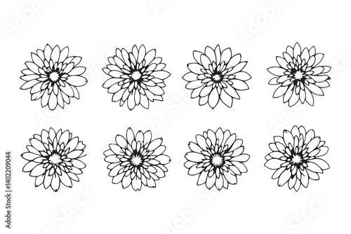 Set of 6 pec in two row Chrysanthemum black line art on white background