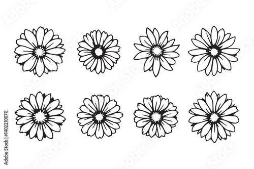 Set of 6 pec in two row Chrysanthemum black line art on white background