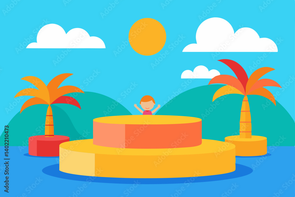 Obraz premium Landscape summer vacation sunny meadow, retro, colorful, silhouette and minimalist beach background Illustration for print or Digital use