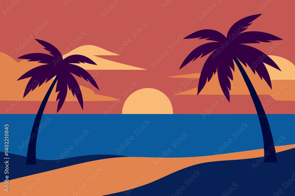 Obraz premium Landscape summer vacation sunny meadow, retro, colorful, silhouette and minimalist beach background Illustration for print or Digital use