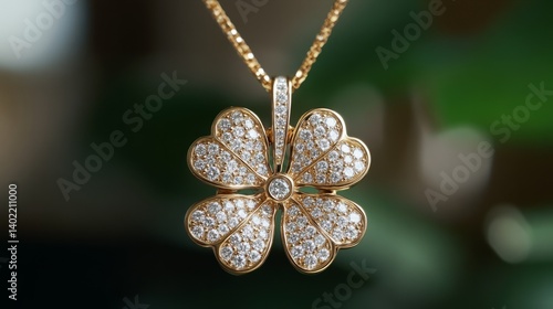 A cloverleaf gold pendant, each leaf featuring a polished surface and diamond-studded edges, glowing against a neutral backdrop 