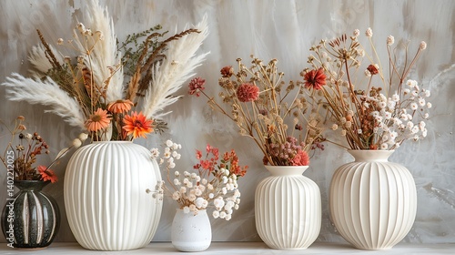 Three elegant white ceramic vases filled with colorful dried and fresh flowers in a rustic arrangement, displayed on a wooden table against an artistic textured wall for interior decor inspiration.
