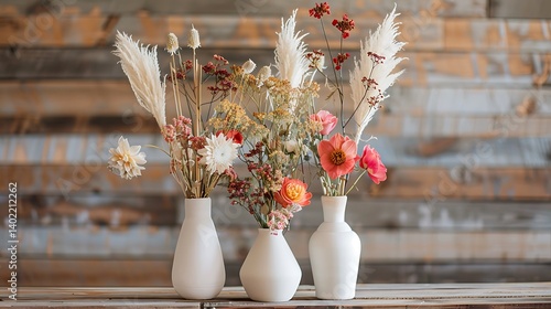 Three elegant white ceramic vases filled with colorful dried and fresh flowers in a rustic arrangement, displayed on a wooden table against an artistic textured wall for interior decor inspiration.
