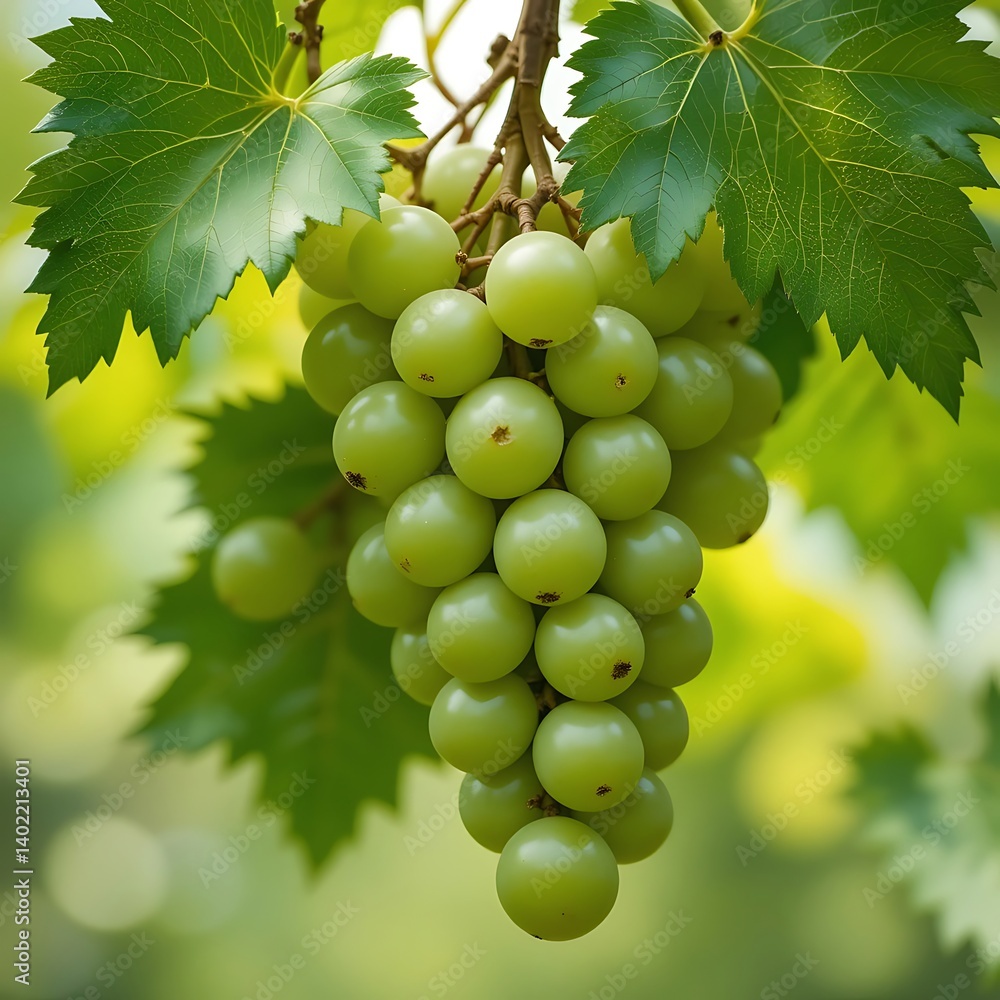 Bunch of green grapes hanging on the vine in a vineyard during harvest season Bunch of green grapes hanging on the vine in a vineyard during harvest season
