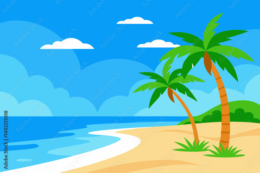 Obraz premium Landscape summer vacation sunny meadow, retro, colorful, silhouette and minimalist beach background Illustration for print or Digital use