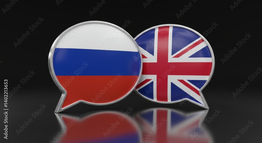 Obraz premium Diplomatic discourse concept featuring speech bubbles with the flags of Russia and the United Kingdom