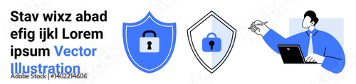 Two shield icons with locks symbolize cyber security, while a professional interacts with a laptop. Ideal for online safety, technology, cybersecurity, data protection, privacy, digital tools