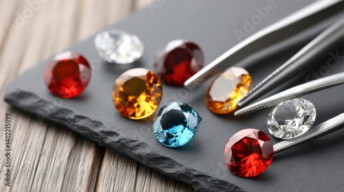 Collection of Radiant Gemstones in Various Colors on Slate Background with Silver Tweezers