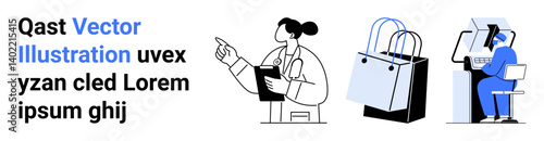 Doctor with clipboard pointing, shopping bags representing retail, person using self-checkout kiosk. Ideal for healthcare, business, shopping, consumer behavior, technology, e-commerce flat landing