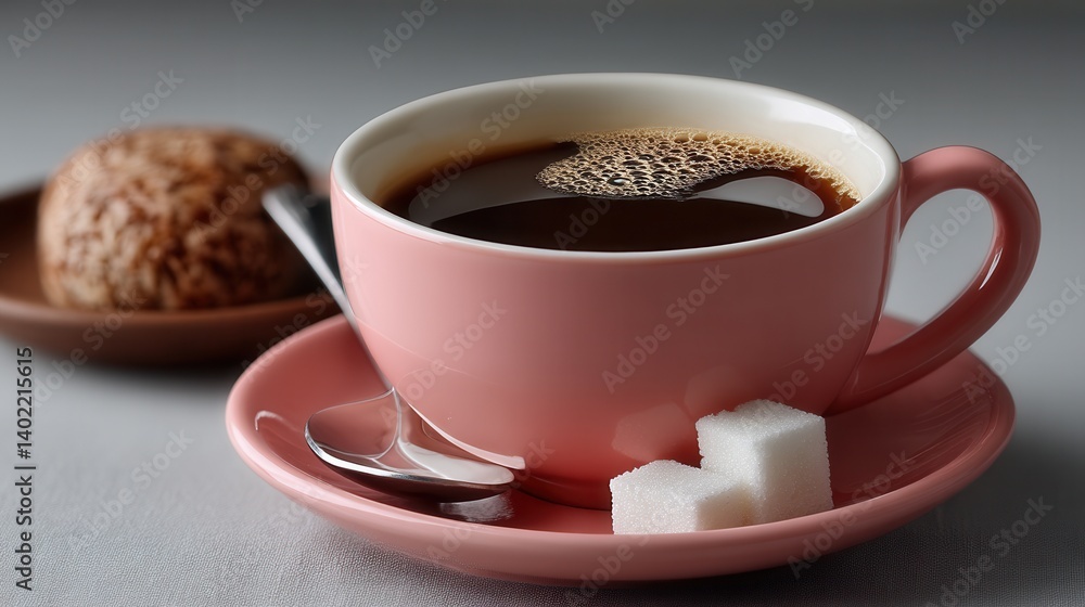 Fototapeta premium Comforting Coffee Break with Pink Cup and Cookie on Table