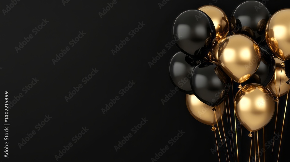 Elegant black and gold foil balloons floating on minimalist background with empty space for text, perfect for birthday, anniversary, wedding celebration banners, social media templates, and luxury par Elegant black and gold foil balloons floating on minimalist background with empty space for text, perfect for birthday, anniversary, wedding celebration banners, social media templates, and luxury par