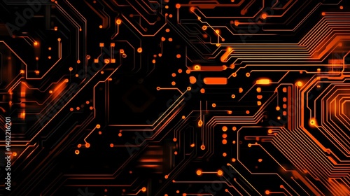 Abstract close-up of a circuit board design with glowing orange elements on a black background