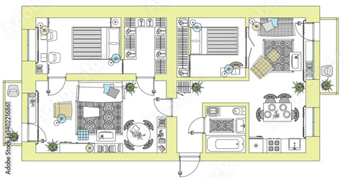 House or apartment architectural sketch. Drawing of building. Set of furniture icons for floor plan and interior design all residential rooms. Vector