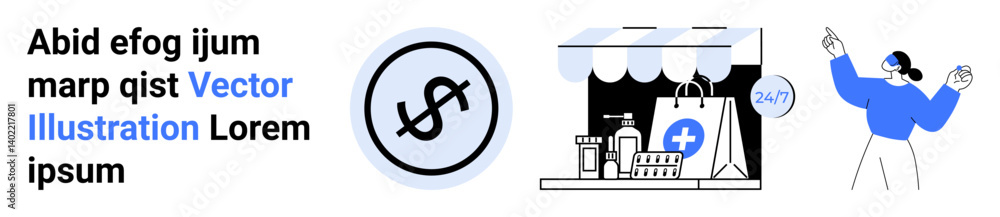 Pharmacy storefront with shopping bag, dollar icon in a circle, and customer service agent pointing. Ideal for e-commerce, healthcare, customer support, financial transactions, marketing, retail Pharmacy storefront with shopping bag, dollar icon in a circle, and customer service agent pointing. Ideal for e-commerce, healthcare, customer support, financial transactions, marketing, retail