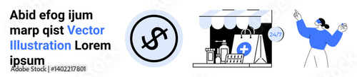 Pharmacy storefront with shopping bag, dollar icon in a circle, and customer service agent pointing. Ideal for e-commerce, healthcare, customer support, financial transactions, marketing, retail