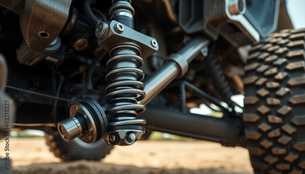 Fototapeta premium Closeup of a powerful off-road vehicles suspension system, showcasing intricate metal coil springs and shock absorbers.