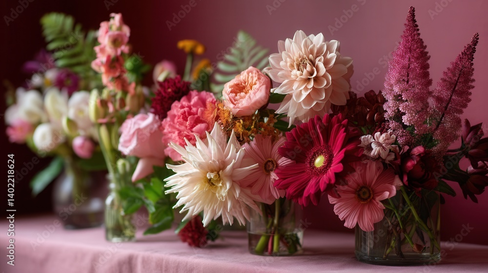 Fototapeta premium Elegant floral arrangement in glass vases against burgundy background