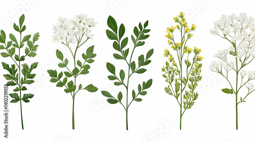 Wallpaper Mural Five floral stems, white and yellow flowers, green leaves, isolated on white background; for design Torontodigital.ca