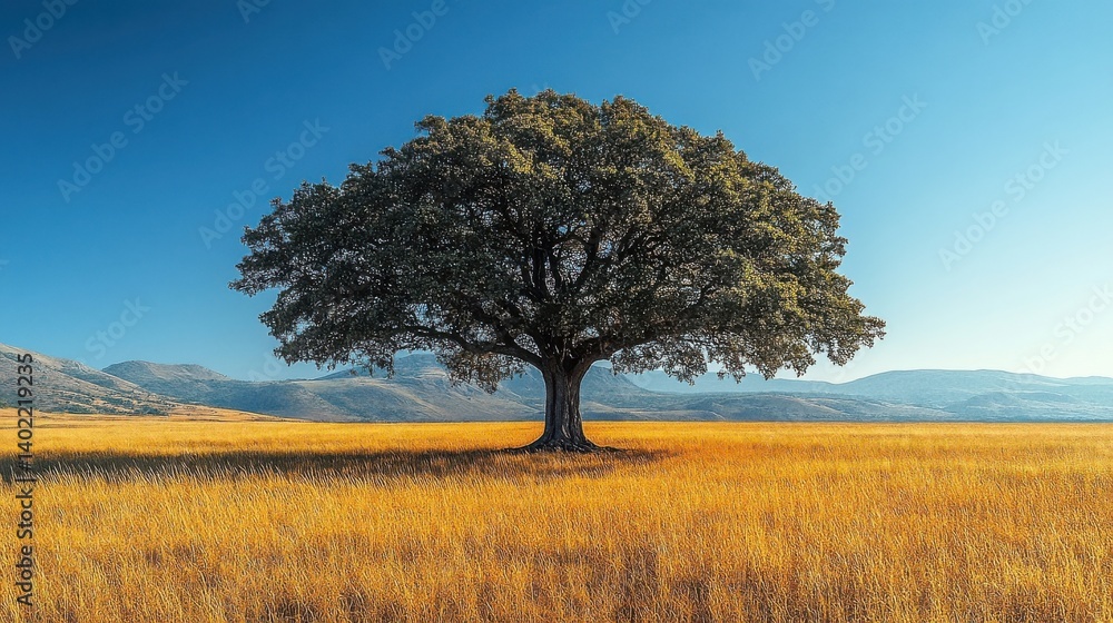 Solitary Tree in Golden Wheat Field Under Bright Blue Sky with Sunlight Solitary Tree in Golden Wheat Field Under Bright Blue Sky with Sunlight