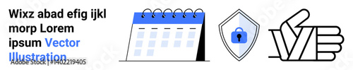 Calendar emphasizing scheduling, shield with lock symbolizing security, thumbs-up for approval. Ideal for planning, trust, protection, assurance, workflow, safety flat landing page banner