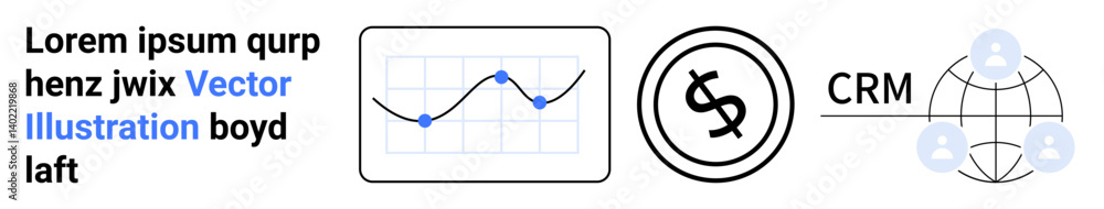 Graph with data points, dollar sign in circle, CRM globe symbol. Ideal for finance, analytics, CRM, global business, technology communication teamwork. Abstract line flat metaphor Graph with data points, dollar sign in circle, CRM globe symbol. Ideal for finance, analytics, CRM, global business, technology communication teamwork. Abstract line flat metaphor