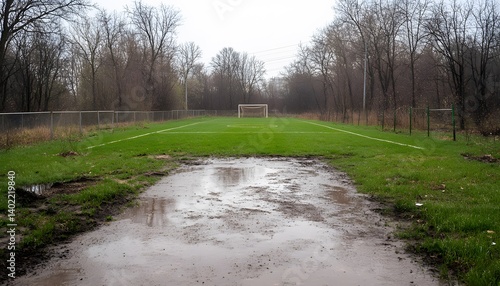 Muddy Soccer Field: A Waterlogged Pitch in Winter, Green Grass, Goal in Distance