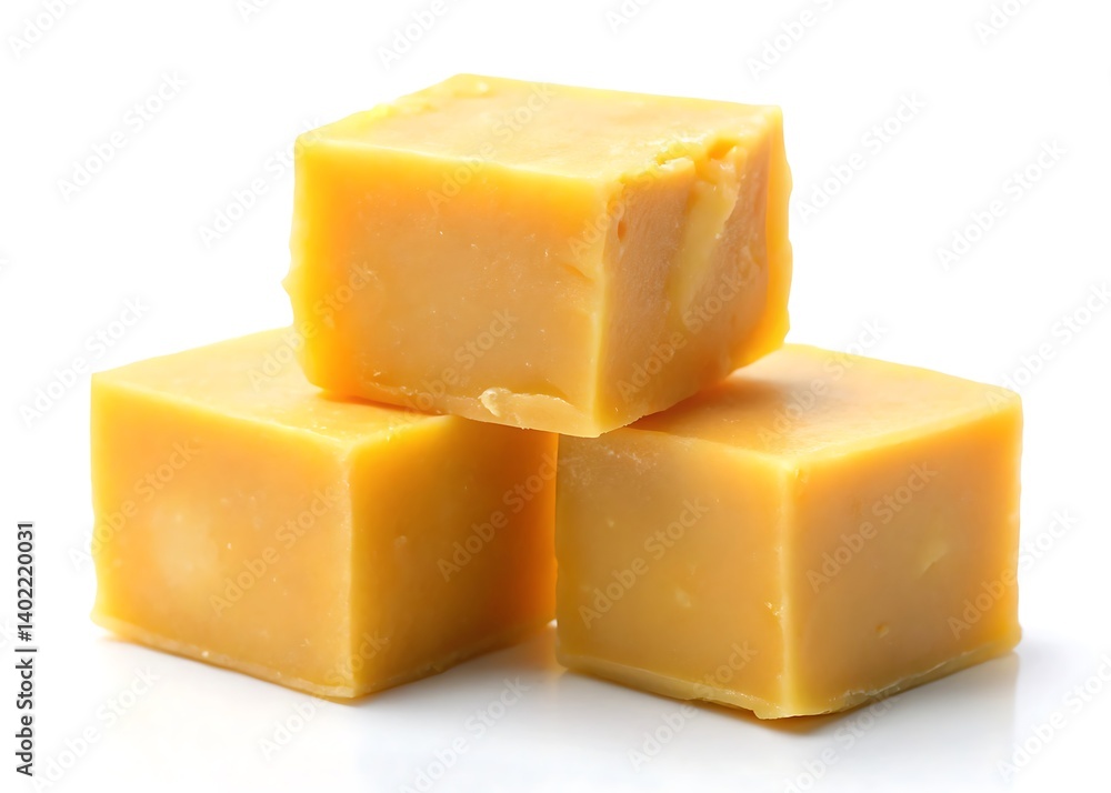 a stack of three yellow fudge cubes on a white background a stack of three yellow fudge cubes on a white background