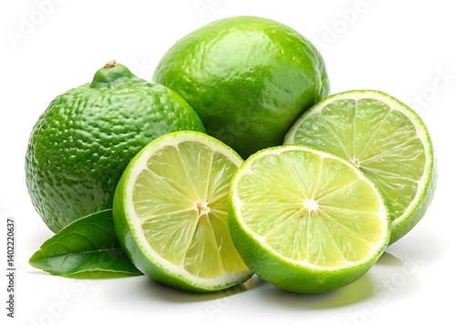 a whole lime and several slices on a white background