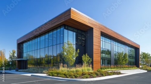 Fototapeta Naklejka Na Ścianę i Meble -  Contemporary building exterior featuring a sleek facade with large glass windows and elegant wooden decor, epitomizing modern commercial property design.