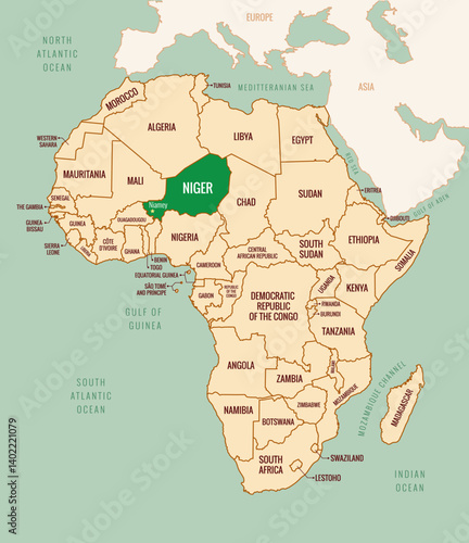 Map of Niger in Africa continent with border, country names, and capital names