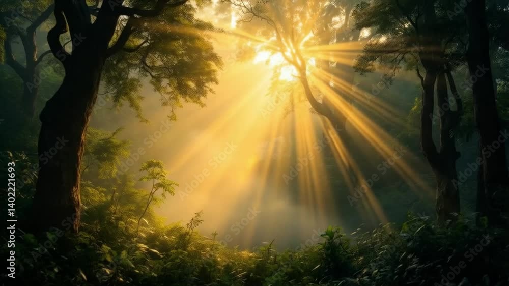 A forest with trees and sunlight shining through the leaves