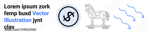 Black circular dollar shield, Trojan horse on wheels, blue flowing arrows implying infiltration or risk. Ideal for finance, security, fraud, risks, protection, hacking warning simple landing page
