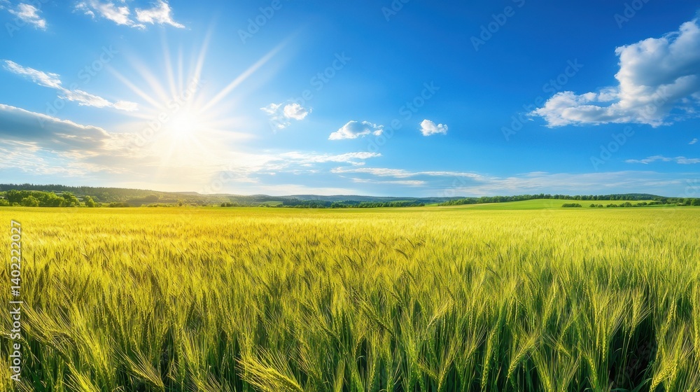 Contrasting fields of green grass and golden wheat under a vivid blue sky, panoramic photography, high resolution, natural lighting 8K , high-resolution, ultra HD,up32K HD. Contrasting fields of green grass and golden wheat under a vivid blue sky, panoramic photography, high resolution, natural lighting 8K , high-resolution, ultra HD,up32K HD.
