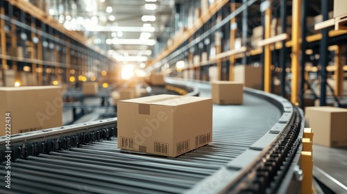 conveyor belt in a distribution warehouse with row of cardboard box packages for e-commerce delivery and automated logistics concepts as wide banner with copysapce area .