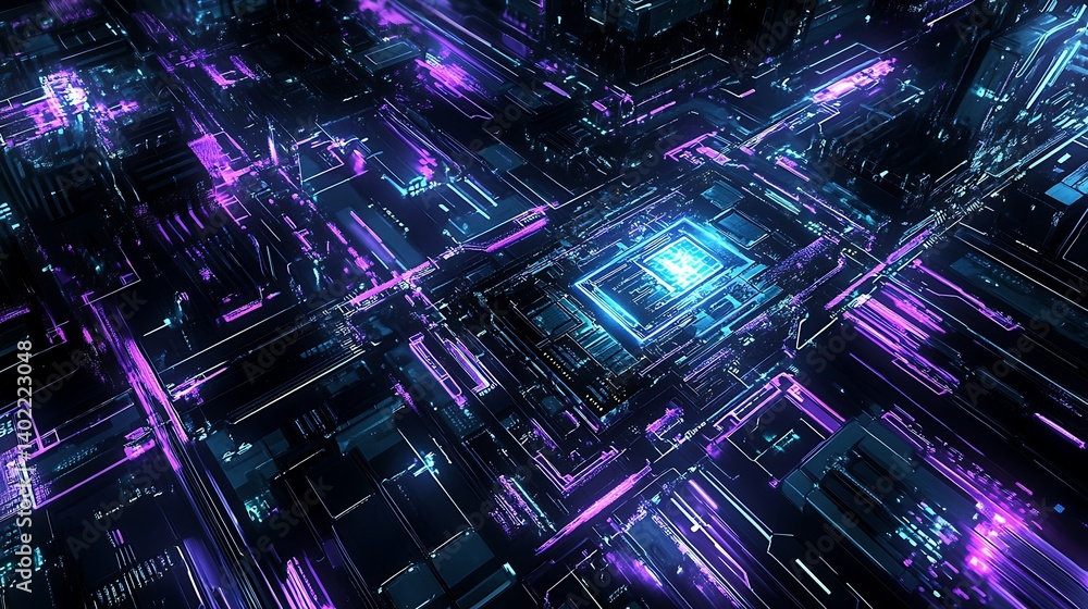 Abstract digital circuit board with glowing neon lines, showcasing advanced technology and innovation Abstract digital circuit board with glowing neon lines, showcasing advanced technology and innovation