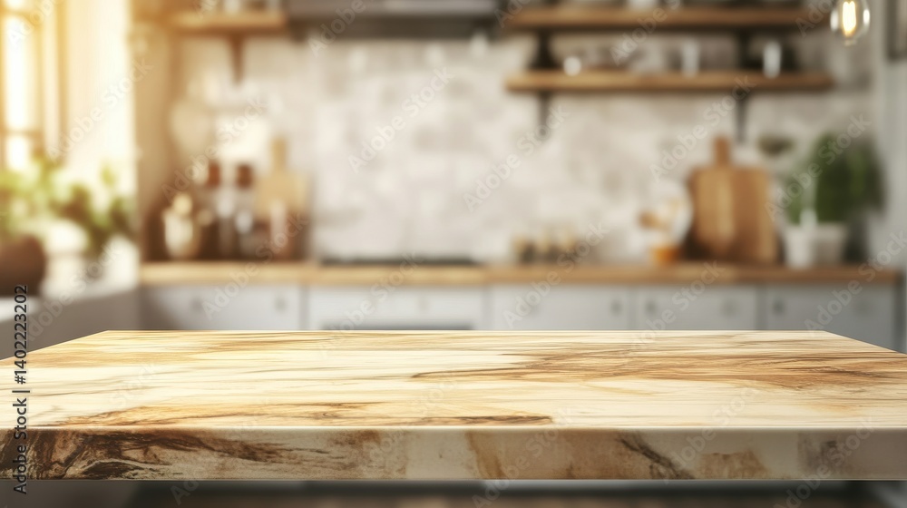 Copy space of luxury table counter top on blur kitchen background. Food product display presentation. Generative Ai.