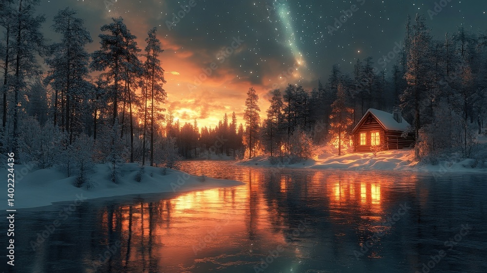 Fototapeta premium Snowy Winter Scene Of Cabin Near Frozen Lake At Sunset With Orange Sky