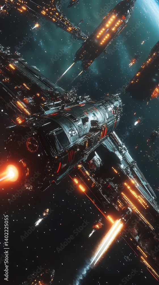 A vast armada of futuristic spaceships engages in a cosmic battle. A vast armada of futuristic spaceships engages in a cosmic battle.