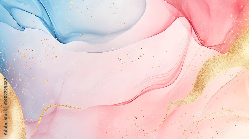 Naklejka premium Abstract fluid art with soft pink, blue, and gold tones blending seamlessly in a tranquil background