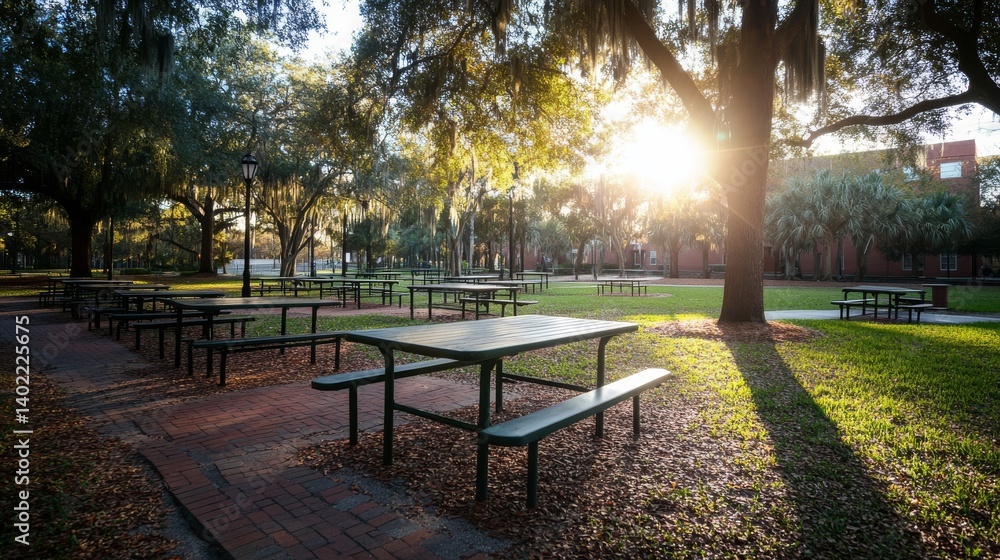 A serene city park showcases well-maintained grass and paved paths. Picnic tables are positioned beneath shady trees, inviting relaxation in the gentle sunlight A serene city park showcases well-maintained grass and paved paths. Picnic tables are positioned beneath shady trees, inviting relaxation in the gentle sunlight